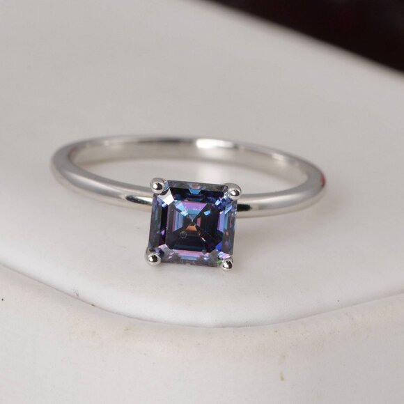 Certified Moissanite Deep Purple 1ct Princess Cut Ring 925 Sterling Silver - Picture 3 of 5